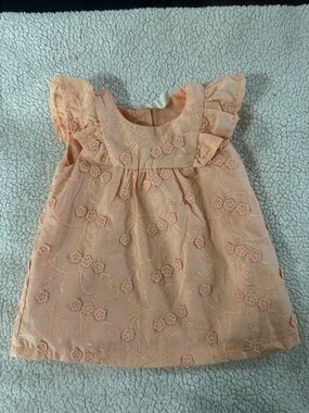Baby Girls Peach Colored Embroidered Ruffle Dress with Diaper Cover